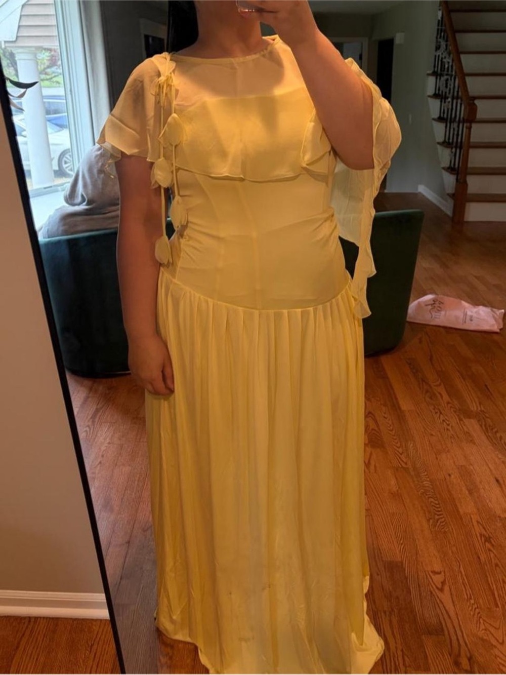 Oh Polly Jersey Strapless Gown in Butter Yellow with Chiffon Cape